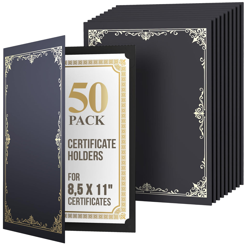 50 Pack Premium Black Certificate Holders 8.5 x 11 inch Heavyweight 300gsm Cardstock Diploma Holder & Certificate Folder Award Certificate Folders for Graduation with Gold Foil Diploma Cover