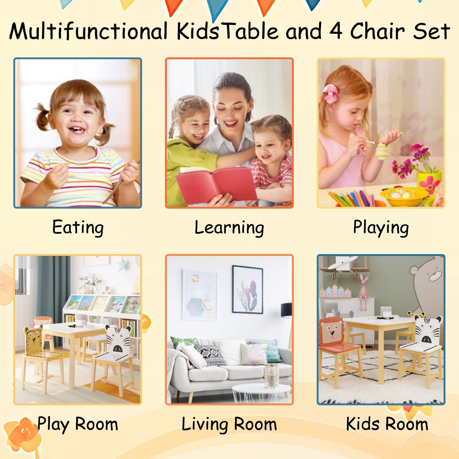 Kids Table and Chair Set, 5-Piece with Animal Designs