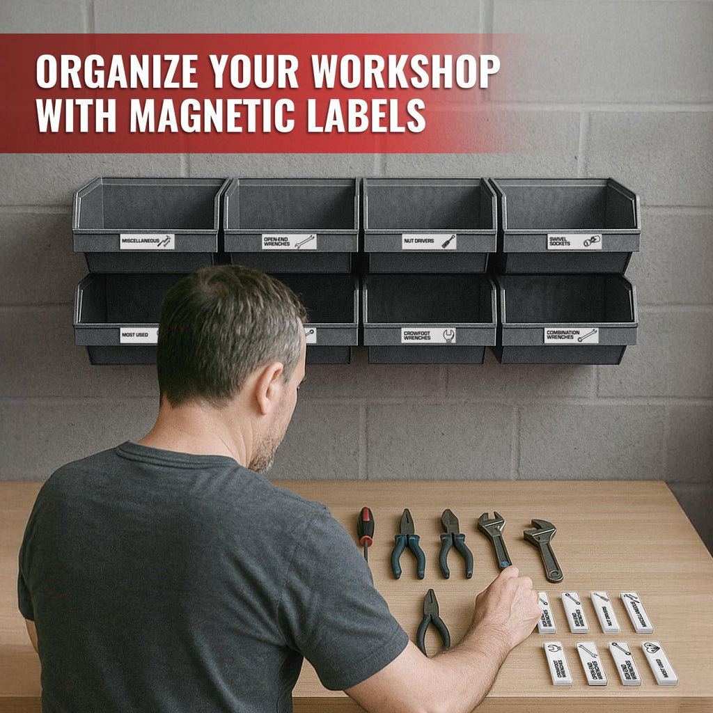 90 Pcs Magnetic Tool Box Labels 3.5x1 inch White Magnetic Toolbox Labels for Tool Box Drawers Strong Magnet Toolbox Organizer Chest Pre Printed & Blanked Emblems for Organization Toolbox Emblems